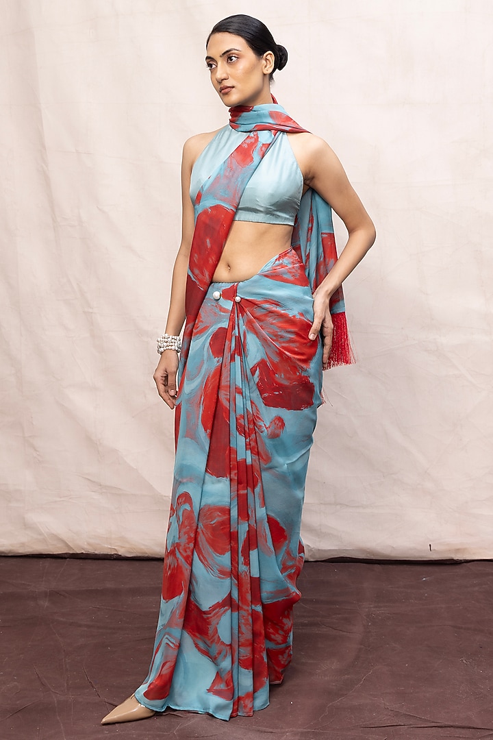 Blue & Red Chiffon Digital Printed Handwoven Party Wear Saree Set by Ekaya at Pernia's Pop Up Shop