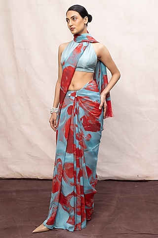 Blue & Red Chiffon Digital Printed Handwoven Saree Set by Ekaya
