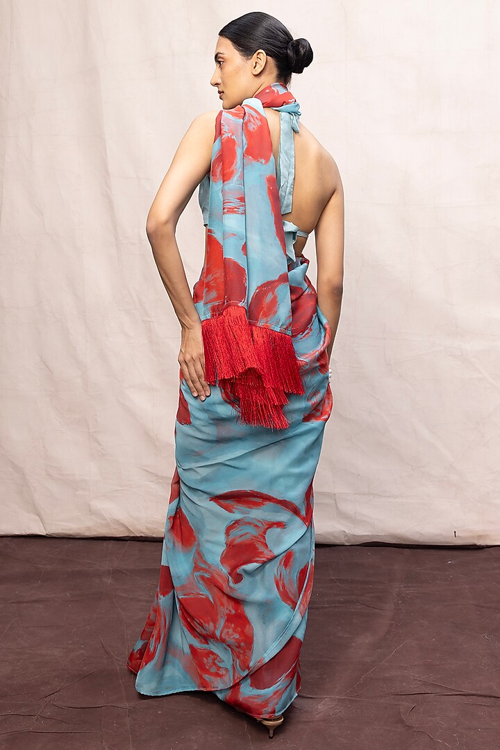Blue & Red Chiffon Digital Printed Handwoven Party Wear Saree Set by Ekaya at Pernia's Pop Up Shop