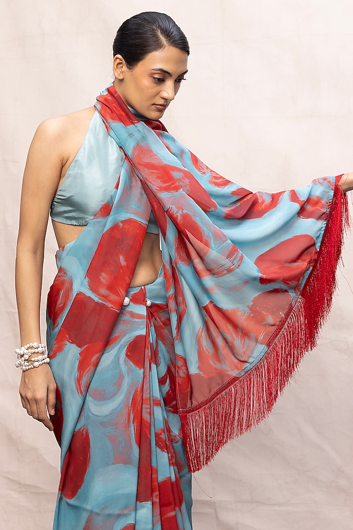 Blue & Red Chiffon Digital Printed Handwoven Party Wear Saree Set by Ekaya at Pernia's Pop Up Shop