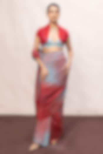 Coral Red & Blue Ombre Chiffon Digital Printed Handwoven Party Wear Saree Set by Ekaya at Pernia's Pop Up Shop