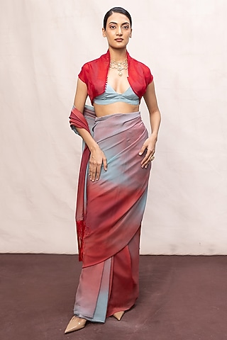 Coral Red & Blue Ombre Chiffon Digital Printed Handwoven Saree Set by Ekaya