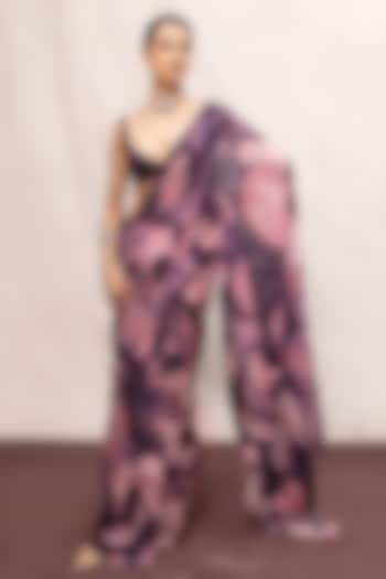Purple & Pink Chiffon Digital Printed Handwoven Party Wear Saree Set by Ekaya at Pernia's Pop Up Shop