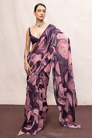 Purple & Pink Chiffon Digital Printed Handwoven Saree Set by Ekaya