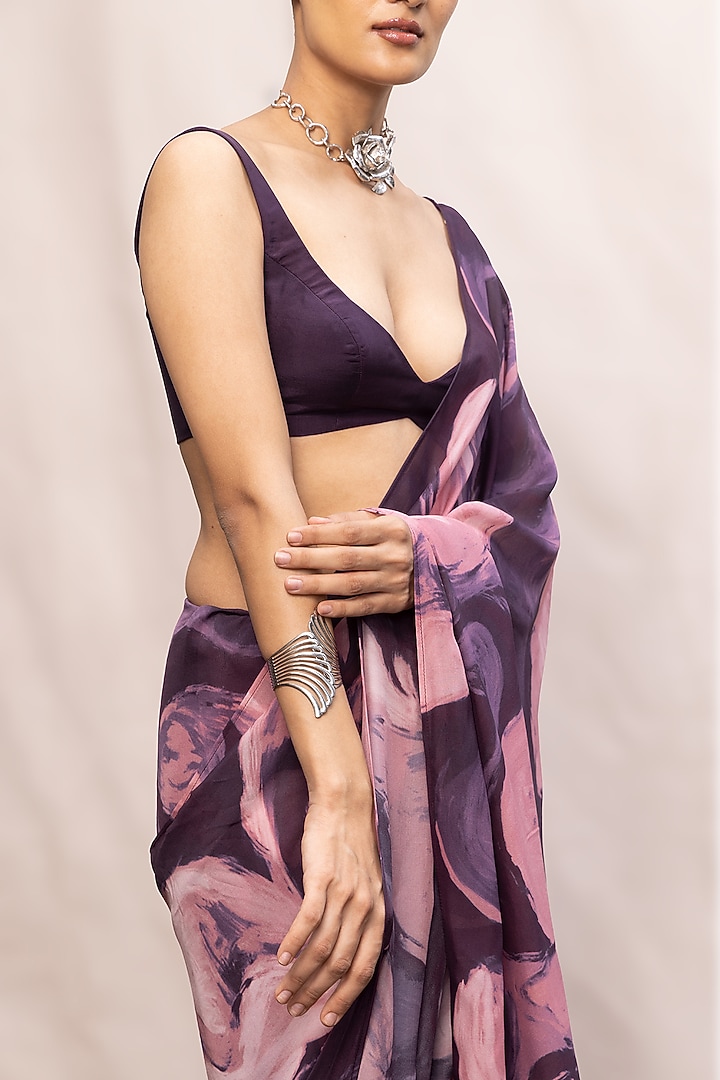 Purple & Pink Chiffon Digital Printed Handwoven Party Wear Saree Set by Ekaya at Pernia's Pop Up Shop