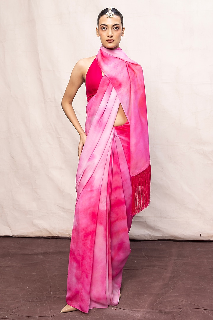 Pink Ombre Chiffon Digital Printed Handwoven Party Wear Saree Set by Ekaya at Pernia's Pop Up Shop