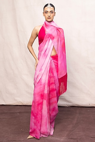 Pink Ombre Chiffon Digital Printed Handwoven Saree Set by Ekaya