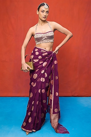 Wine Chiffon Banarasi Cutwork Embroidered Handwoven Saree Set by Ekaya