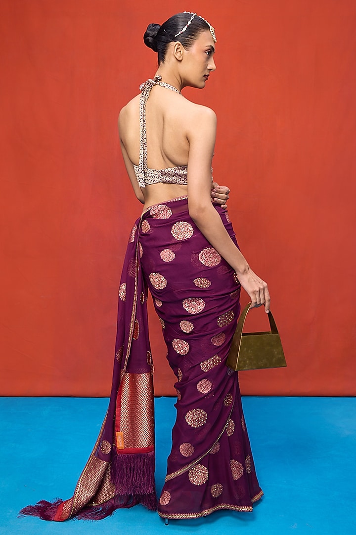 Wine Chiffon Banarasi Cutwork Embroidered Handwoven Wedding Saree Set by Ekaya at Pernia's Pop Up Shop
