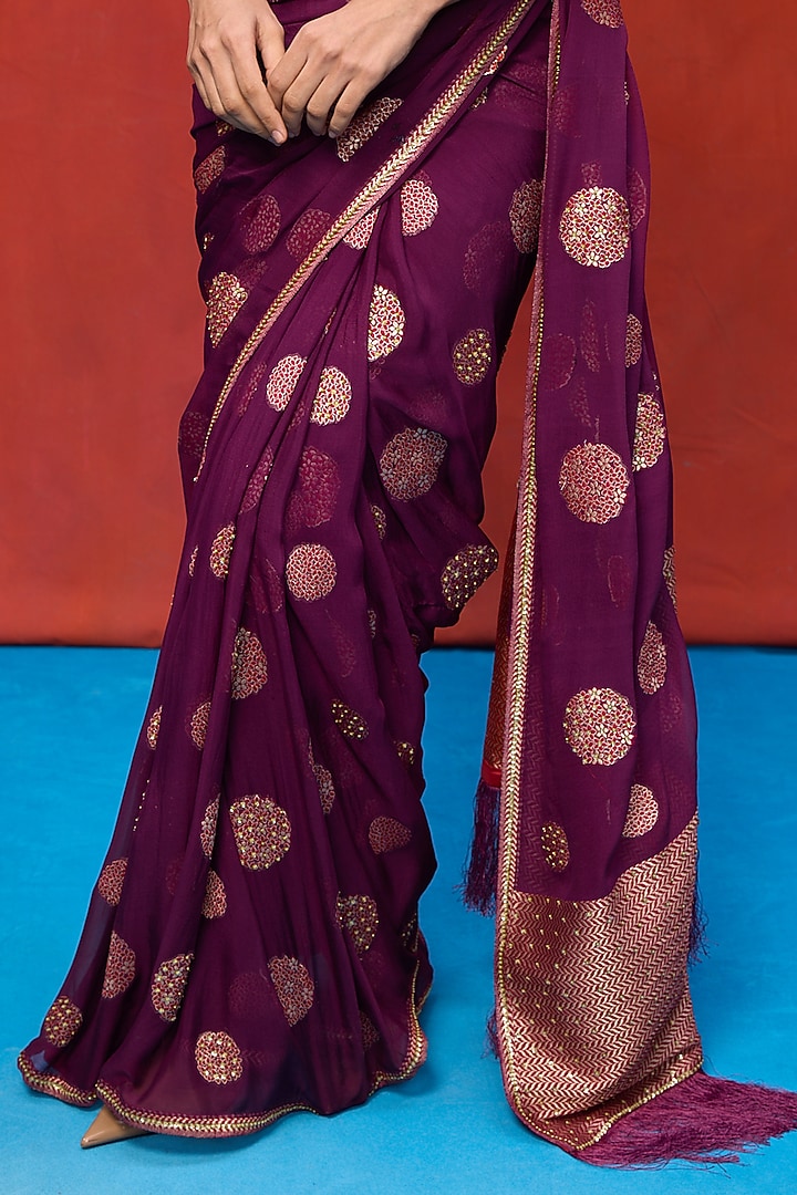 Wine Chiffon Banarasi Cutwork Embroidered Handwoven Wedding Saree Set by Ekaya at Pernia's Pop Up Shop