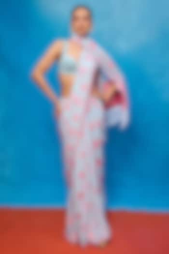 Ice Blue Chiffon Banarasi Cutwork Embroidered Handwoven Wedding Saree Set by Ekaya at Pernia's Pop Up Shop