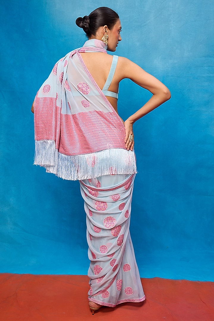 Ice Blue Chiffon Banarasi Cutwork Embroidered Handwoven Wedding Saree Set by Ekaya at Pernia's Pop Up Shop