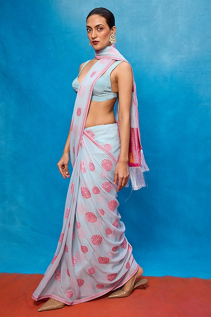 Ice Blue Chiffon Banarasi Cutwork Embroidered Handwoven Wedding Saree Set by Ekaya at Pernia's Pop Up Shop