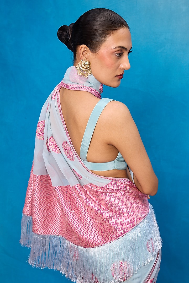 Ice Blue Chiffon Banarasi Cutwork Embroidered Handwoven Wedding Saree Set by Ekaya at Pernia's Pop Up Shop