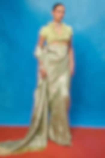Pista Green Chiffon Banarasi Cutwork Embroidered Handwoven Wedding Saree Set by Ekaya at Pernia's Pop Up Shop