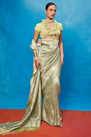Pista Green Chiffon Banarasi Cutwork Embroidered Handwoven Saree Set by Ekaya