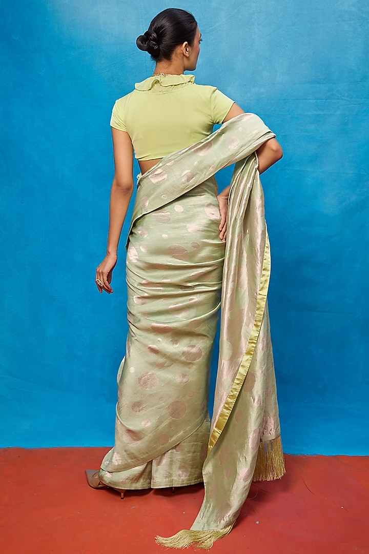Pista Green Chiffon Banarasi Cutwork Embroidered Handwoven Wedding Saree Set by Ekaya at Pernia's Pop Up Shop