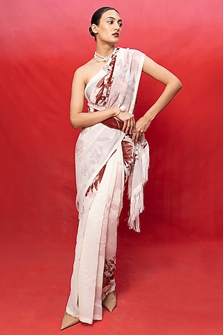 Ivory Georgette Digital Printed Handwoven Saree Set by Ekaya