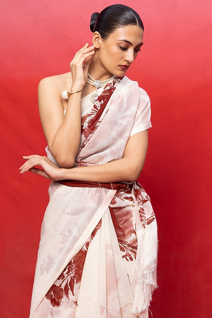 Ivory Georgette Digital Printed Handwoven Party Wear Saree Set by Ekaya at Pernia's Pop Up Shop
