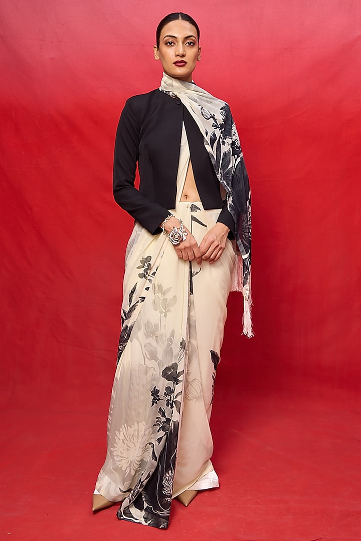 Pistachio Green Georgette Digital Printed Handwoven Party Wear Saree Set by Ekaya at Pernia's Pop Up Shop