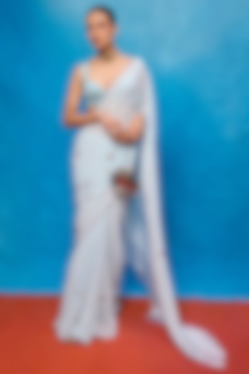Ice Blue Georgette Embroidered Handwoven Wedding Saree Set by Ekaya at Pernia's Pop Up Shop