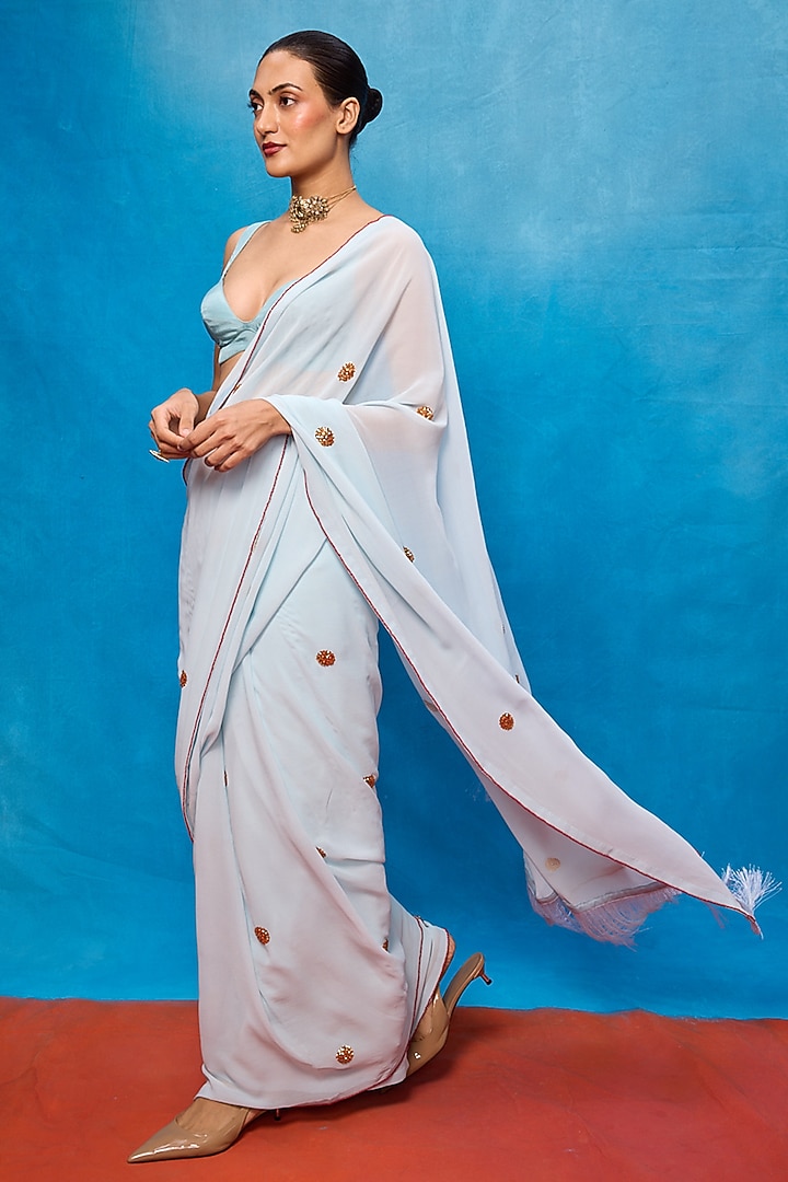 Ice Blue Georgette Embroidered Handwoven Wedding Saree Set by Ekaya at Pernia's Pop Up Shop
