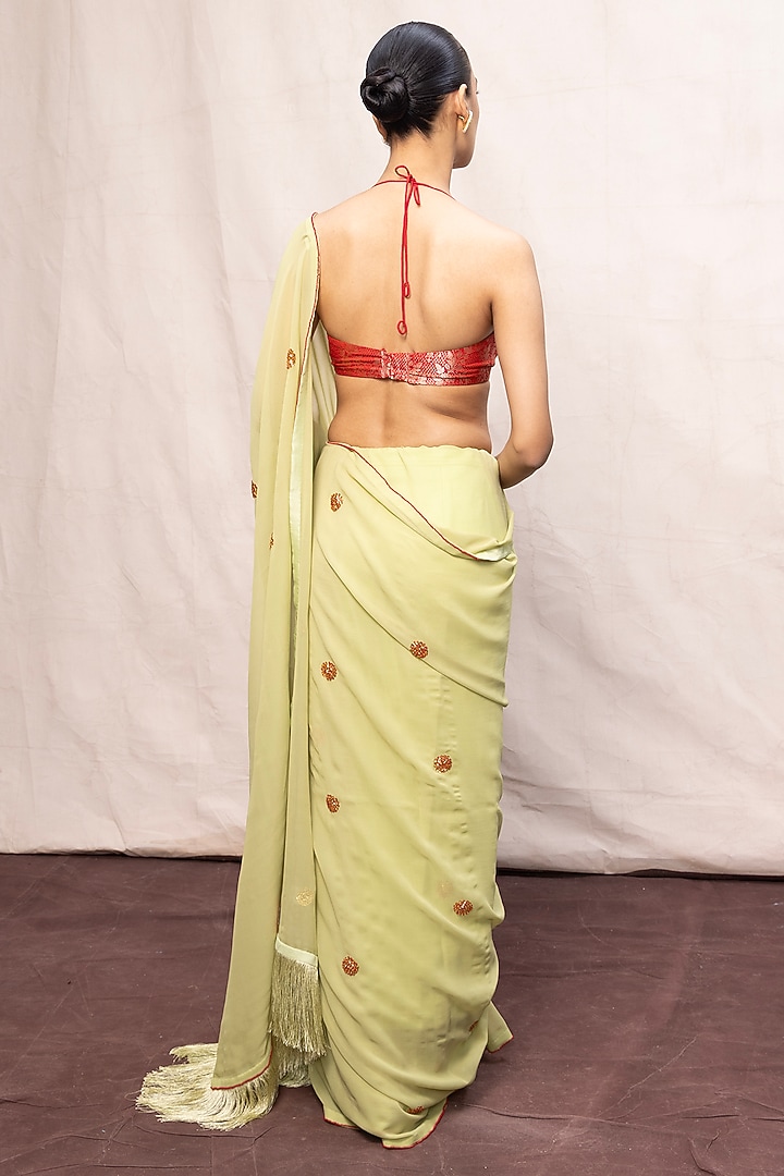 Pistachio Green Georgette Embroidered Handwoven Wedding Saree Set by Ekaya at Pernia's Pop Up Shop