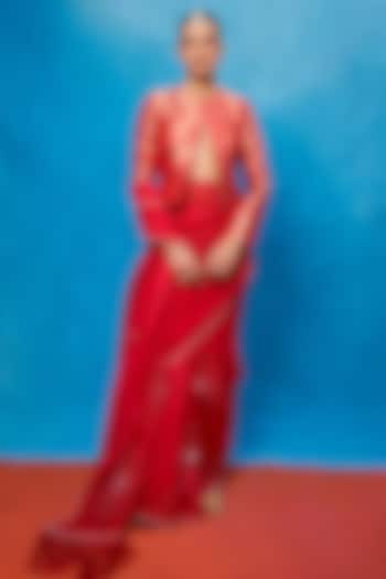 Red Kora Banarasi Embroidered Handwoven Wedding Saree Set by Ekaya at Pernia's Pop Up Shop
