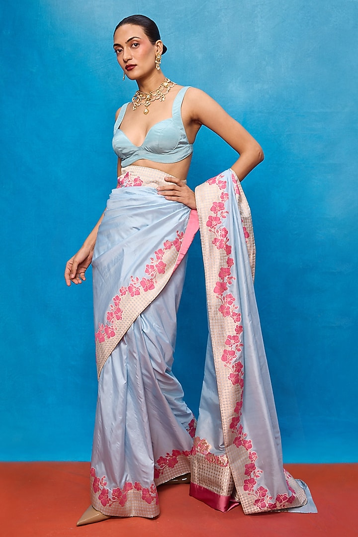 Ice Blue Silk Banarasi Handwoven Wedding Saree Set by Ekaya at Pernia's Pop Up Shop