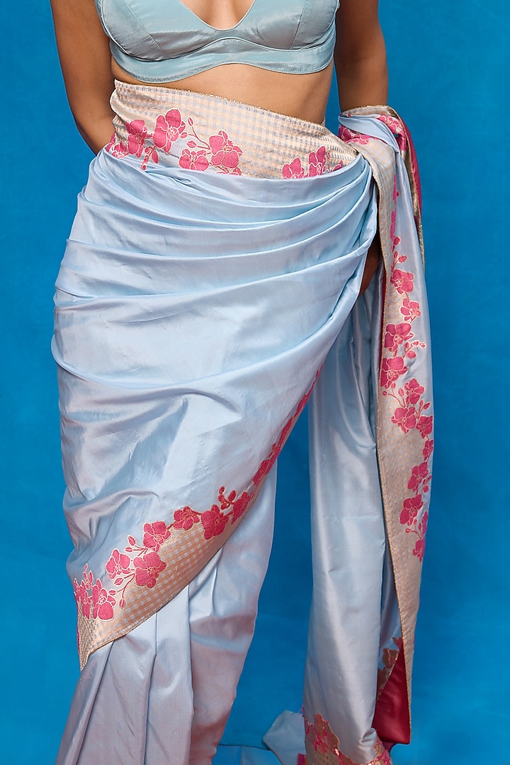 Ice Blue Silk Banarasi Handwoven Wedding Saree Set by Ekaya at Pernia's Pop Up Shop