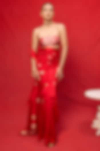 Red Silk Embroidered Handwoven Party Wear Saree Set by Ekaya at Pernia's Pop Up Shop