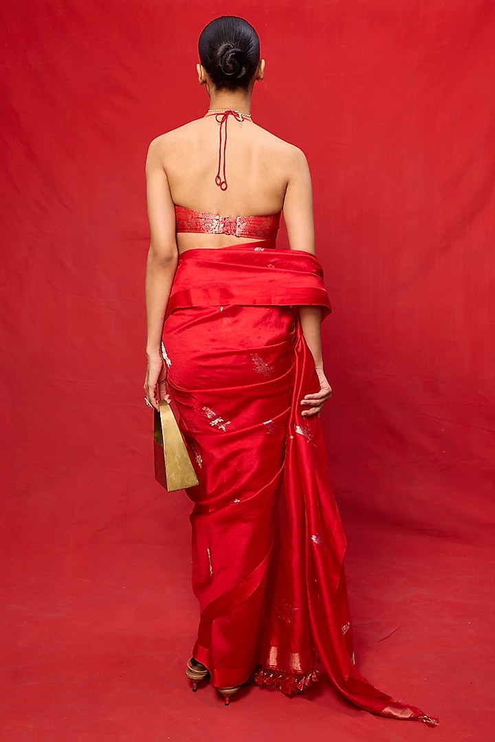 Red Silk Embroidered Handwoven Party Wear Saree Set by Ekaya at Pernia's Pop Up Shop
