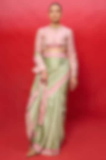 Pistachio Green Satin Banarasi Handwoven Wedding Saree Set by Ekaya at Pernia's Pop Up Shop