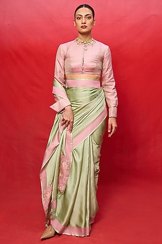 Pistachio Green Satin Banarasi Handwoven Saree Set by Ekaya
