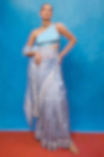 Ice Blue Tissue Embroidered Handwoven Wedding Saree Set by Ekaya at Pernia's Pop Up Shop