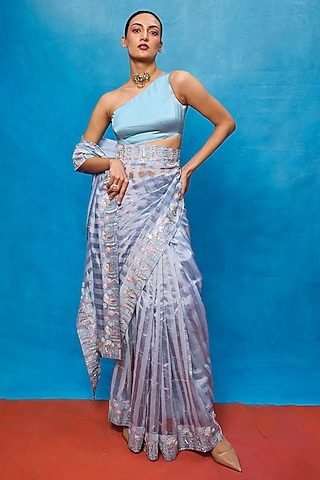 Ice Blue Tissue Embroidered Handwoven Saree Set by Ekaya