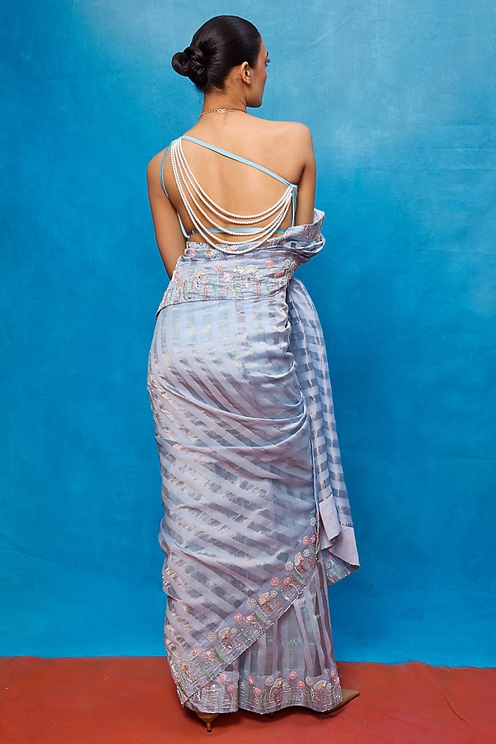 Ice Blue Tissue Embroidered Handwoven Wedding Saree Set by Ekaya at Pernia's Pop Up Shop