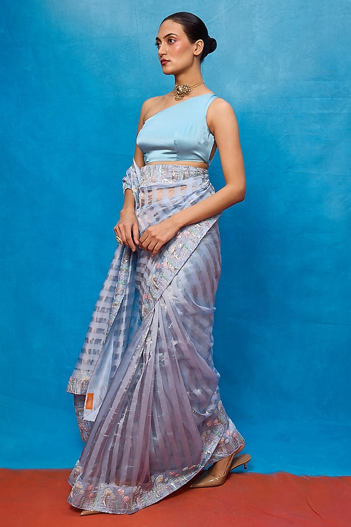 Ice Blue Tissue Embroidered Handwoven Wedding Saree Set by Ekaya at Pernia's Pop Up Shop