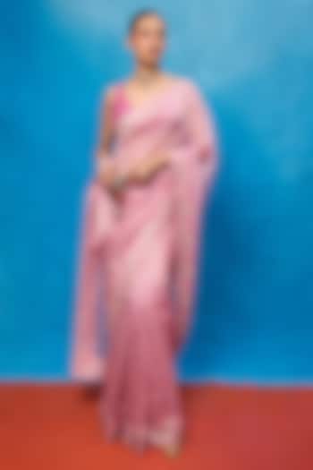 Pink Tissue Embroidered Handwoven Wedding Saree Set by Ekaya at Pernia's Pop Up Shop