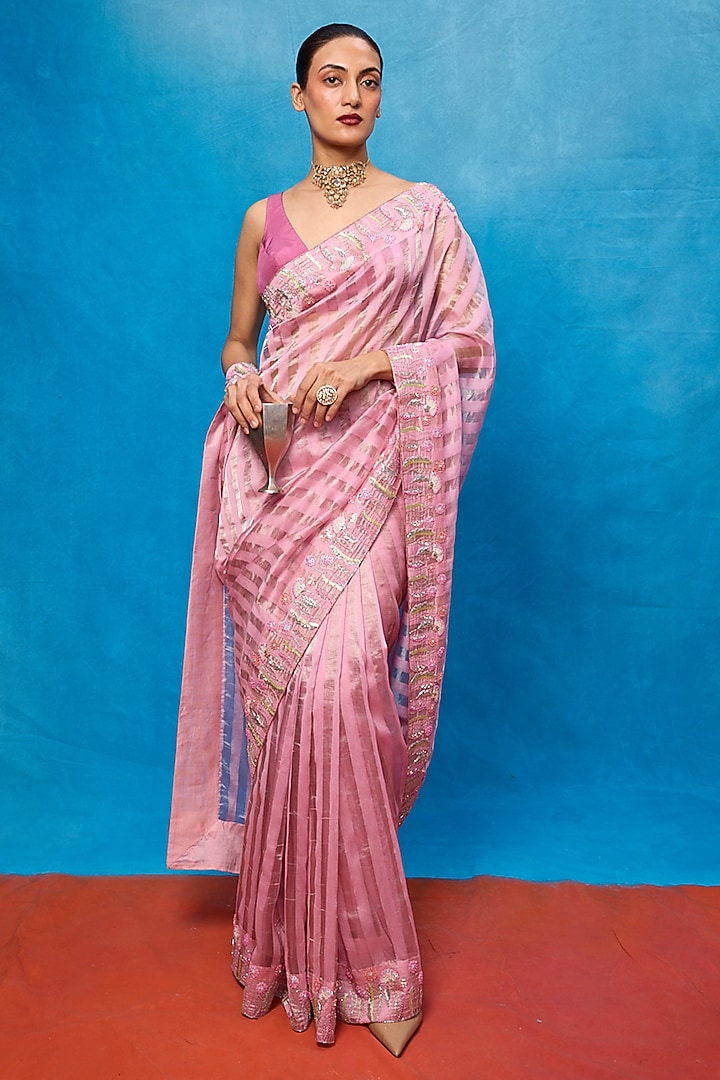 Pink Tissue Embroidered Handwoven Wedding Saree Set by Ekaya at Pernia's Pop Up Shop