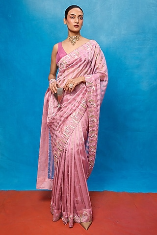 Pink Tissue Embroidered Handwoven Saree Set by Ekaya