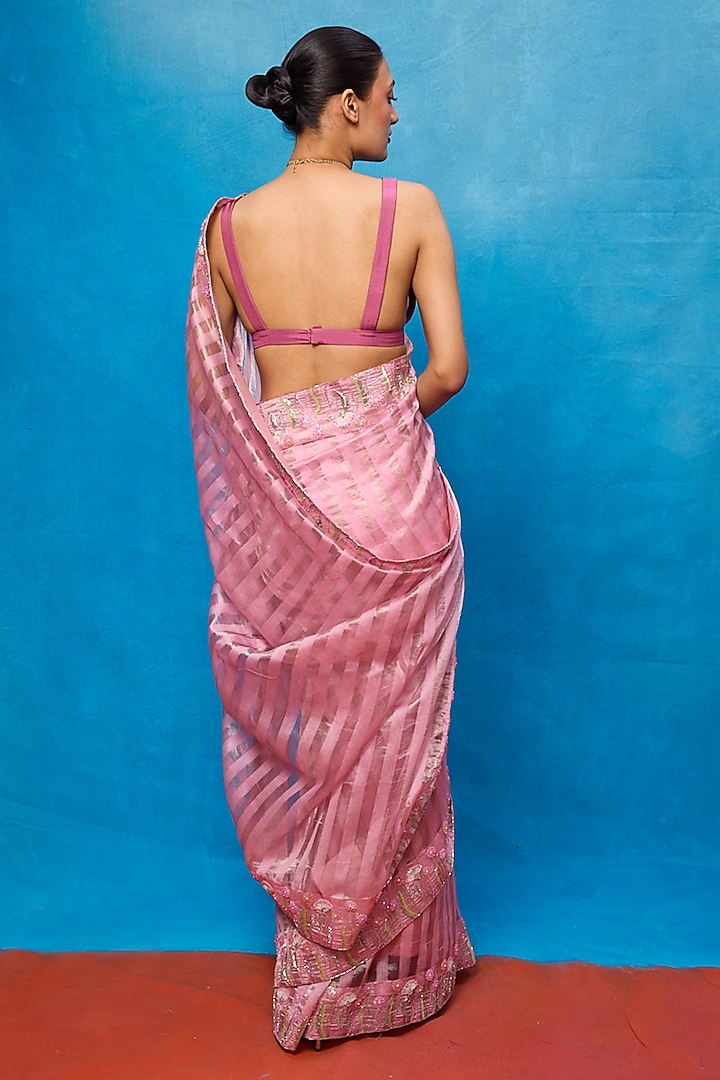 Pink Tissue Embroidered Handwoven Wedding Saree Set by Ekaya at Pernia's Pop Up Shop