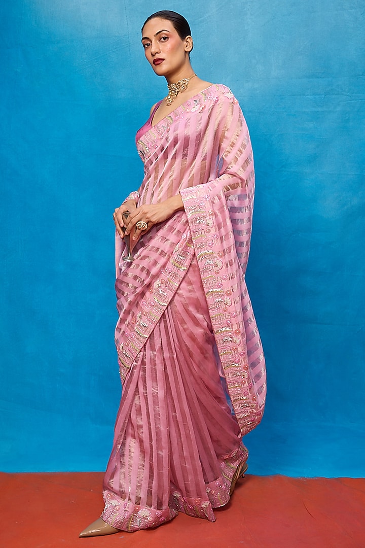 Pink Tissue Embroidered Handwoven Wedding Saree Set by Ekaya at Pernia's Pop Up Shop