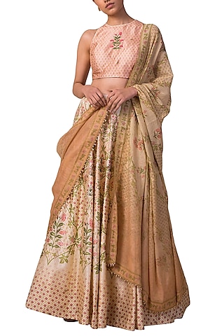 Ivory & Peach Handwoven Digital Printed Lehenga Set by Ekaya