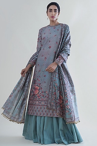 Stone Grey Banarasi Printed Kurta Set by Ekaya