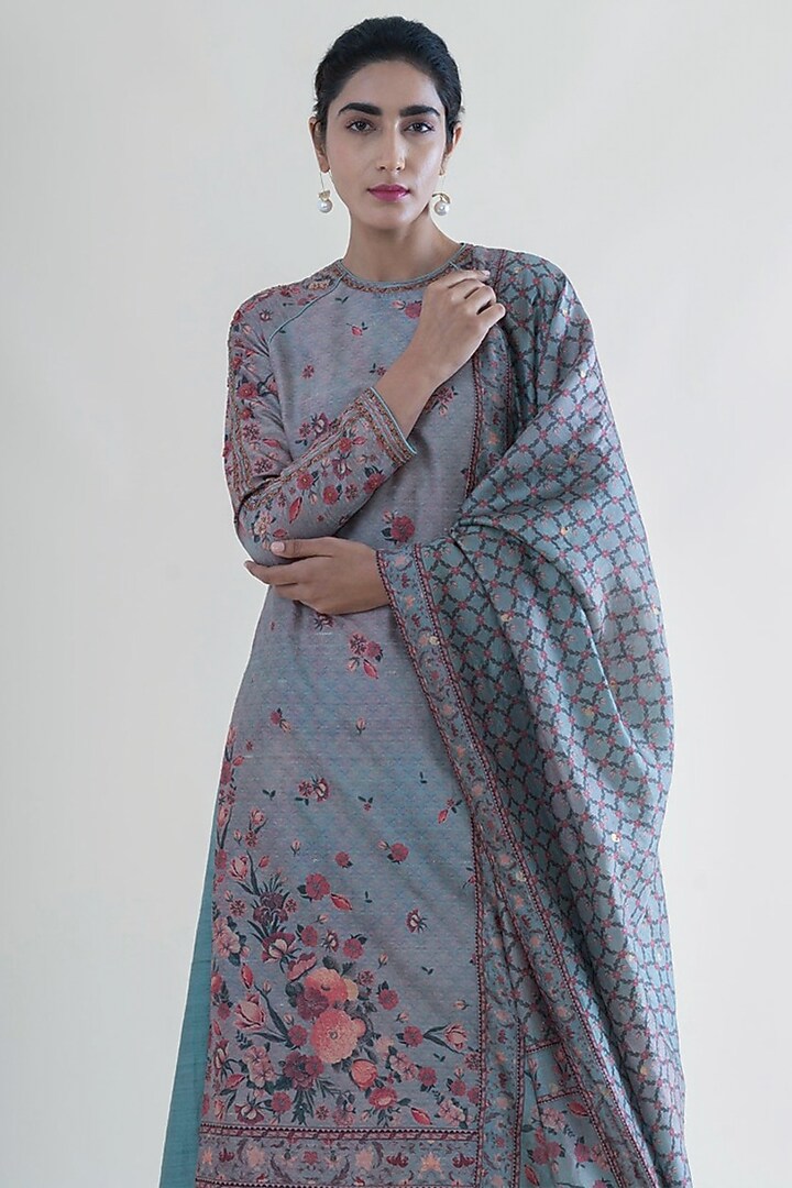Stone Grey Banarasi Printed Kurta Set by Ekaya at Pernia's Pop Up Shop