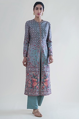 Stone Grey Banarasi Printed Kurta With Pants by Ekaya