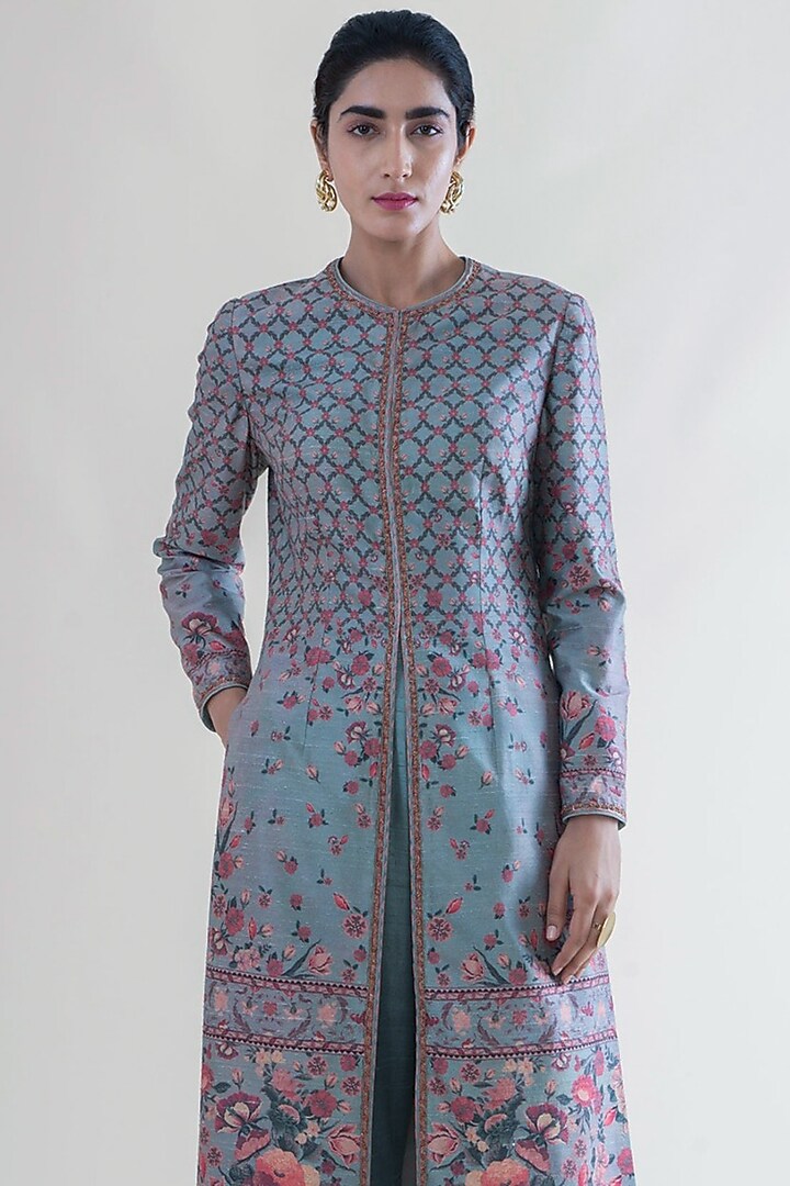 Stone Grey Banarasi Printed Kurta With Pants by Ekaya at Pernia's Pop Up Shop