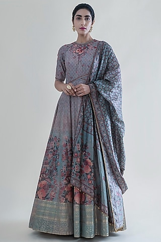 Stone Grey Handwoven Banarasi Anarkali Set by Ekaya