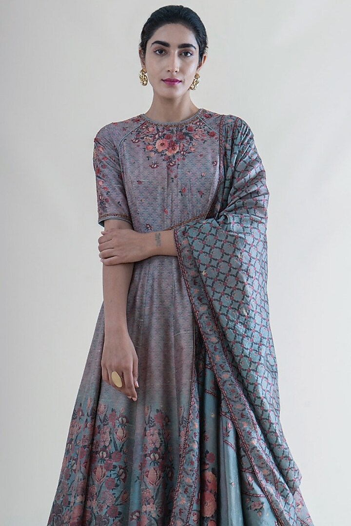 Stone Grey Handwoven Banarasi Wedding Anarkali Set by Ekaya at Pernia's Pop Up Shop